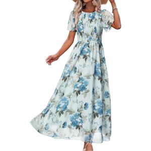 imageSimplee Womens Summer Floral Summer Maxi Dresses Boho Flowy Flutter Short Sleeve Crew Neck Vacation Smocked Chiffon DressFloral Blue 3