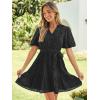 imageSimplee Womens 2026 Summer Mini Dress Eyelet V Neck Short Sleeve Hollow Out Belted Beach Vacation Sun Dresses with PocketsBlack