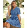 imageSimplee Womens 2026 Summer Mini Dress Eyelet V Neck Short Sleeve Hollow Out Belted Beach Vacation Sun Dresses with PocketsGray Blue