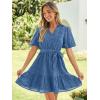 imageSimplee Womens 2026 Summer Mini Dress Eyelet V Neck Short Sleeve Hollow Out Belted Beach Vacation Sun Dresses with PocketsGray Blue