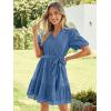 imageSimplee Womens 2026 Summer Mini Dress Eyelet V Neck Short Sleeve Hollow Out Belted Beach Vacation Sun Dresses with PocketsGray Blue