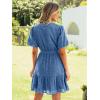 imageSimplee Womens 2026 Summer Mini Dress Eyelet V Neck Short Sleeve Hollow Out Belted Beach Vacation Sun Dresses with PocketsGray Blue