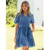 imageSimplee Womens 2026 Summer Mini Dress Eyelet V Neck Short Sleeve Hollow Out Belted Beach Vacation Sun Dresses with PocketsGray Blue