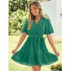 imageSimplee Womens 2026 Summer Mini Dress Eyelet V Neck Short Sleeve Hollow Out Belted Beach Vacation Sun Dresses with PocketsGreen