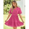 imageSimplee Womens 2026 Summer Mini Dress Eyelet V Neck Short Sleeve Hollow Out Belted Beach Vacation Sun Dresses with PocketsHot Pink