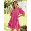 imageSimplee Womens 2026 Summer Mini Dress Eyelet V Neck Short Sleeve Hollow Out Belted Beach Vacation Sun Dresses with PocketsHot Pink