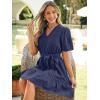 imageSimplee Womens 2026 Summer Mini Dress Eyelet V Neck Short Sleeve Hollow Out Belted Beach Vacation Sun Dresses with PocketsNavy