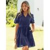 imageSimplee Womens 2026 Summer Mini Dress Eyelet V Neck Short Sleeve Hollow Out Belted Beach Vacation Sun Dresses with PocketsNavy