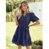 imageSimplee Womens 2026 Summer Mini Dress Eyelet V Neck Short Sleeve Hollow Out Belted Beach Vacation Sun Dresses with PocketsNavy