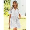 imageSimplee Womens 2026 Summer Mini Dress Eyelet V Neck Short Sleeve Hollow Out Belted Beach Vacation Sun Dresses with PocketsWhite
