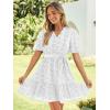 imageSimplee Womens 2026 Summer Mini Dress Eyelet V Neck Short Sleeve Hollow Out Belted Beach Vacation Sun Dresses with PocketsWhite