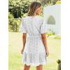 imageSimplee Womens 2026 Summer Mini Dress Eyelet V Neck Short Sleeve Hollow Out Belted Beach Vacation Sun Dresses with PocketsWhite