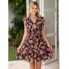 imageSimplee Womens Summer Dress 2026 Ruffle Short Sleeve Floral Boho Dress V Neck Aline Drawstring Mini Dress with PocketsBlack Red Floral