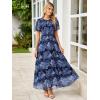 imageSimplee Womens Summer Floral Summer Maxi Dresses Boho Flowy Flutter Short Sleeve Crew Neck Vacation Smocked Chiffon Dress3 Navy