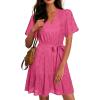 imageSimplee Womens 2026 Summer Mini Dress Eyelet V Neck Short Sleeve Hollow Out Belted Beach Vacation Sun Dresses with PocketsHot Pink