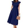 imageSimplee Womens Striped Midi Summer Dress Smocked Flutter Short Sleeve Dress 2025 Flowy Casual Dress with PocketsSolid Navy Blue