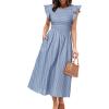 imageSimplee Womens Striped Midi Summer Dress Smocked Flutter Short Sleeve Dress 2025 Flowy Casual Dress with PocketsStriped Blue