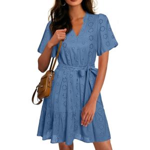 imageSimplee Womens 2026 Summer Mini Dress Eyelet V Neck Short Sleeve Hollow Out Belted Beach Vacation Sun Dresses with PocketsGray Blue