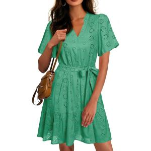 imageSimplee Womens 2026 Summer Mini Dress Eyelet V Neck Short Sleeve Hollow Out Belted Beach Vacation Sun Dresses with PocketsGreen