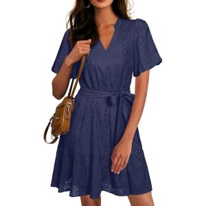 imageSimplee Womens 2026 Summer Mini Dress Eyelet V Neck Short Sleeve Hollow Out Belted Beach Vacation Sun Dresses with PocketsNavy
