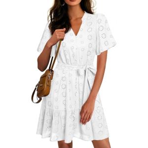 imageSimplee Womens 2026 Summer Mini Dress Eyelet V Neck Short Sleeve Hollow Out Belted Beach Vacation Sun Dresses with PocketsWhite
