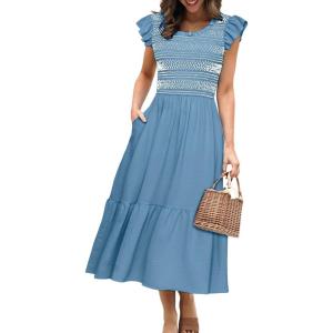 imageSimplee Womens Boho Maxi Dress Flutter Sleeve Summer Casual Smocked Waist A Line Flowy Tiered Dress with PocketsDusty Blue