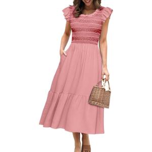 imageSimplee Womens Boho Maxi Dress Flutter Sleeve Summer Casual Smocked Waist A Line Flowy Tiered Dress with PocketsPink