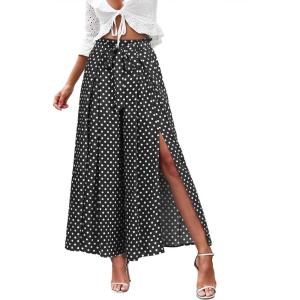 imageSimplee Womens Casual Split Wide Leg Pants High Waist Palazzo Flowy Beach Pants Summer Boho Lounge Pants with PocketsDotblack