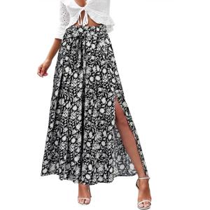 imageSimplee Womens Casual Split Wide Leg Pants High Waist Palazzo Flowy Beach Pants Summer Boho Lounge Pants with PocketsFloralblack