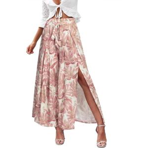 imageSimplee Womens Casual Split Wide Leg Pants High Waist Palazzo Flowy Beach Pants Summer Boho Lounge Pants with PocketsFloraldeep Pink