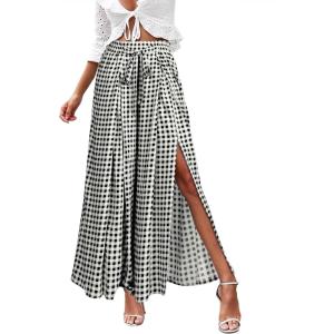 imageSimplee Womens Casual Split Wide Leg Pants High Waist Palazzo Flowy Beach Pants Summer Boho Lounge Pants with PocketsPlaidblack