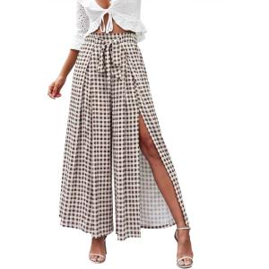 imageSimplee Womens Casual Split Wide Leg Pants High Waist Palazzo Flowy Beach Pants Summer Boho Lounge Pants with PocketsPlaidcoffee