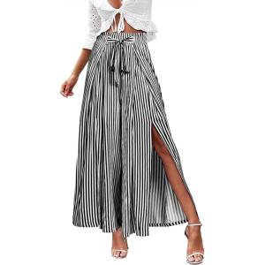 imageSimplee Womens Casual Split Wide Leg Pants High Waist Palazzo Flowy Beach Pants Summer Boho Lounge Pants with PocketsStripeblack White