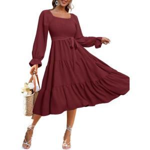 imageSimplee Womens Long Sleeve Maxi Dress Casual Square Neck Smocked Flowy Fall Wedding Guest DressesSolid6