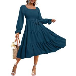 imageSimplee Womens Long Sleeve Maxi Dress Casual Square Neck Smocked Flowy Fall Wedding Guest DressesSolid7