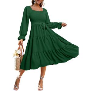 imageSimplee Womens Long Sleeve Maxi Dress Casual Square Neck Smocked Flowy Fall Wedding Guest DressesSolid8