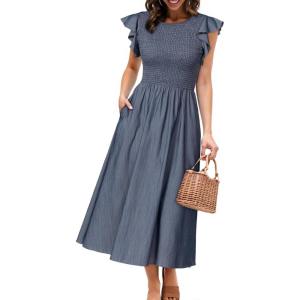 imageSimplee Womens Striped Midi Summer Dress Smocked Flutter Short Sleeve Dress 2025 Flowy Casual Dress with PocketsDenimlike Dark Blue