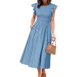 imageSimplee Womens Striped Midi Summer Dress Smocked Flutter Short Sleeve Dress 2025 Flowy Casual Dress with PocketsDenimlike Light Blue