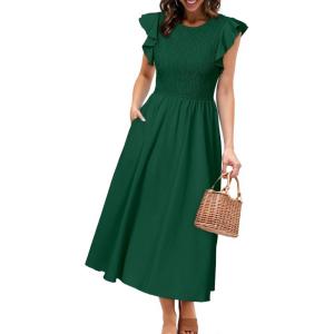 imageSimplee Womens Striped Midi Summer Dress Smocked Flutter Short Sleeve Dress 2025 Flowy Casual Dress with PocketsSolid Dark Green