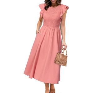 imageSimplee Womens Striped Midi Summer Dress Smocked Flutter Short Sleeve Dress 2025 Flowy Casual Dress with PocketsSolid Pink