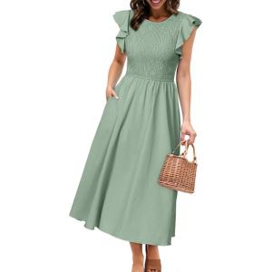 imageSimplee Womens Striped Midi Summer Dress Smocked Flutter Short Sleeve Dress 2025 Flowy Casual Dress with PocketsSolid Sage Green