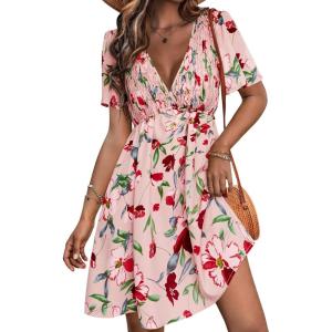 imageSimplee Womens Summer Casual Boho Dress V Neck Short Sleeve Party Mini Sundress A Line Cocktail Waist Pocket Dresses 2026Pink Floral
