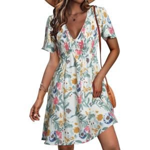 imageSimplee Womens Summer Casual Boho Dress V Neck Short Sleeve Party Mini Sundress A Line Cocktail Waist Pocket Dresses 2026White Floral2