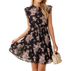 imageSimplee Womens Summer Dress 2026 Ruffle Short Sleeve Floral Boho Dress V Neck Aline Drawstring Mini Dress with PocketsBlack Floral