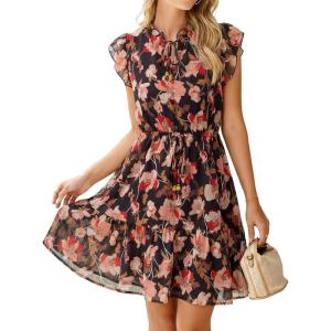 imageSimplee Womens Summer Dress 2026 Ruffle Short Sleeve Floral Boho Dress V Neck Aline Drawstring Mini Dress with PocketsBlack Red Floral