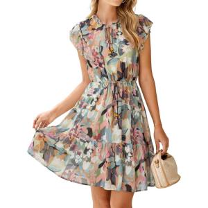 imageSimplee Womens Summer Dress 2026 Ruffle Short Sleeve Floral Boho Dress V Neck Aline Drawstring Mini Dress with PocketsGreen Floral