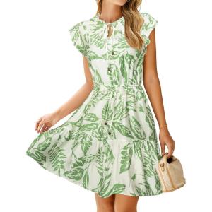 imageSimplee Womens Summer Dress 2026 Ruffle Short Sleeve Floral Boho Dress V Neck Aline Drawstring Mini Dress with PocketsGreen Leaf
