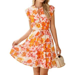 imageSimplee Womens Summer Dress 2026 Ruffle Short Sleeve Floral Boho Dress V Neck Aline Drawstring Mini Dress with PocketsOrange Floral