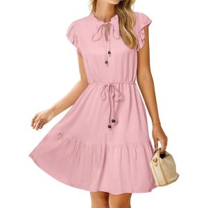 imageSimplee Womens Summer Dress 2026 Ruffle Short Sleeve Floral Boho Dress V Neck Aline Drawstring Mini Dress with PocketsPink