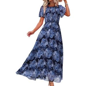 imageSimplee Womens Summer Floral Summer Maxi Dresses Boho Flowy Flutter Short Sleeve Crew Neck Vacation Smocked Chiffon Dress3 Navy